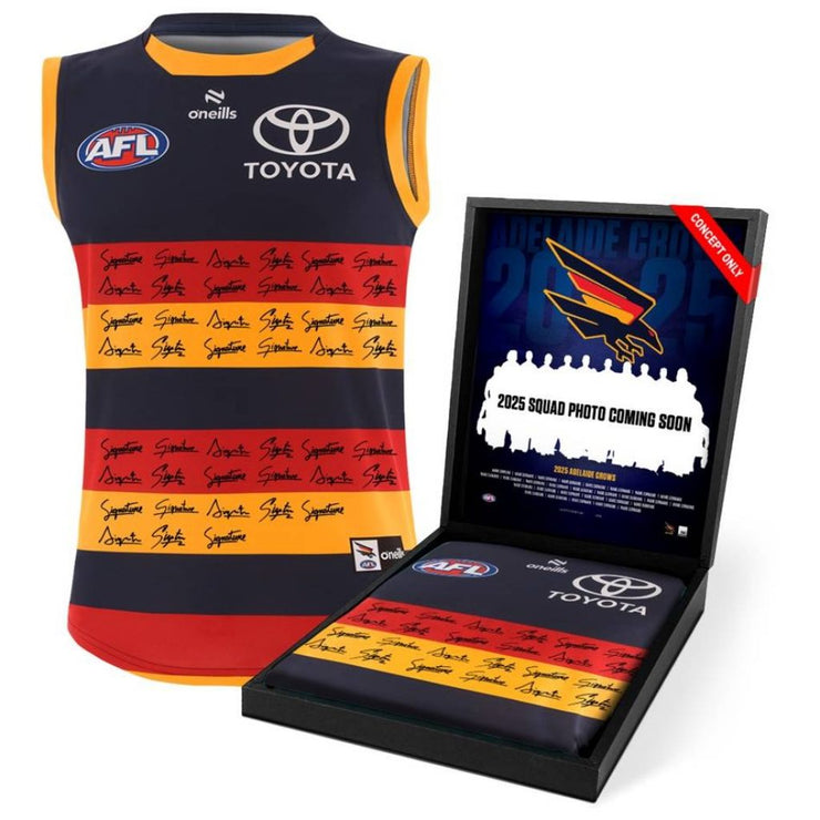 A signed Adelaide Crows 2025 squad guernsey, officially licensed by the AFL, displayed in a deluxe presentation box with a custom-designed insert featuring the full squad photo and player list. Includes a Certificate of Authenticity, ideal for collectors and fans.