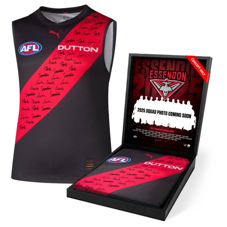 A signed Essendon Football Club 2025 squad guernsey, officially licensed by the AFL, displayed in a deluxe presentation box with a custom-designed insert featuring the full squad photo and player list. Includes a Certificate of Authenticity, perfect for collectors and fans.