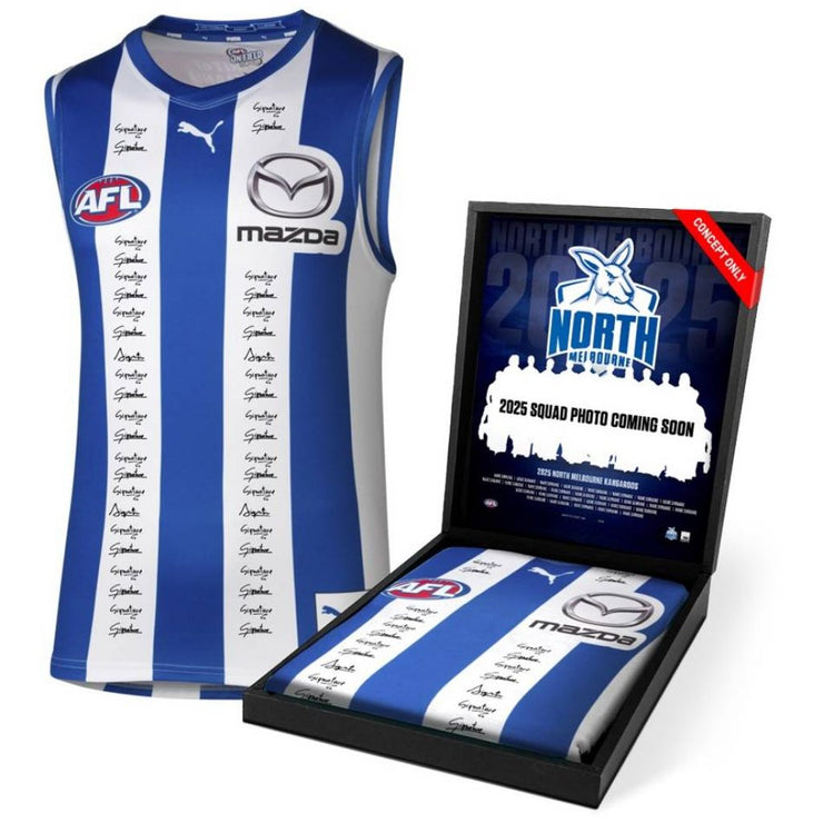 A signed North Melbourne Kangaroos 2025 squad guernsey, officially licensed by the AFL, displayed in a deluxe presentation box with a custom-designed insert featuring the full squad photo and player list. Includes a Certificate of Authenticity, making it an ideal collectible for fans.